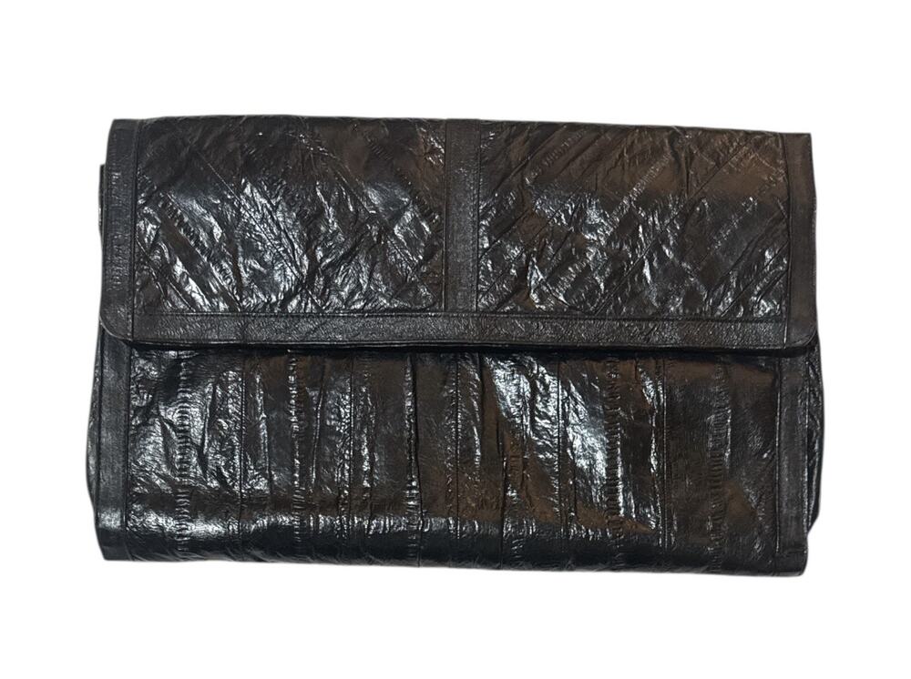 Vtg J.Renee Clutch Black Genuine Eel Skin Leather Envelope Purse Pockets Snap